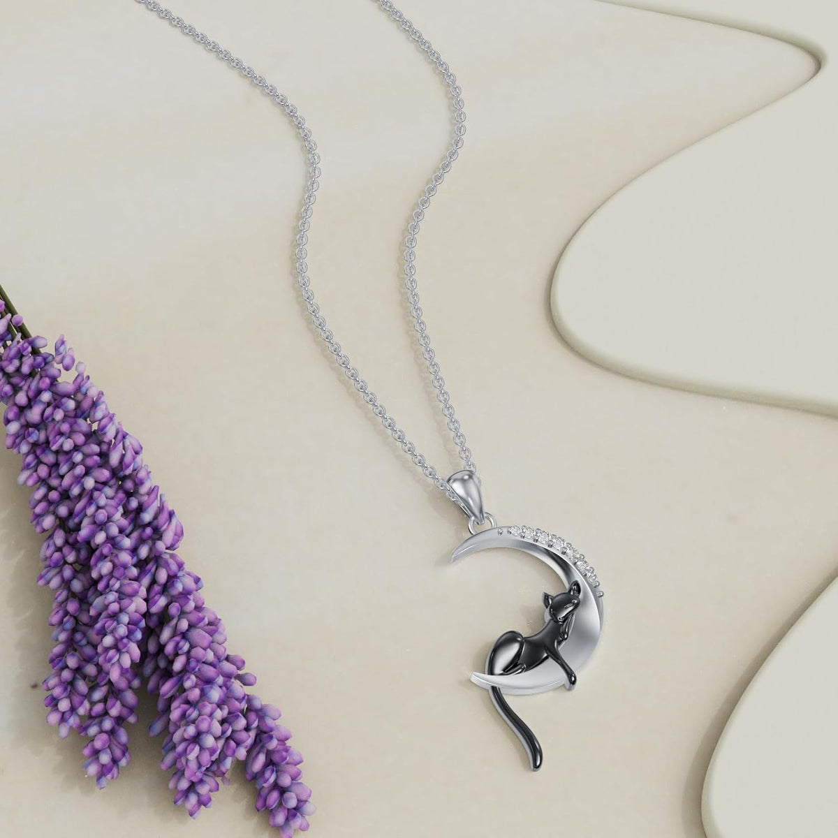 Black Cat Crescent Moon Necklace