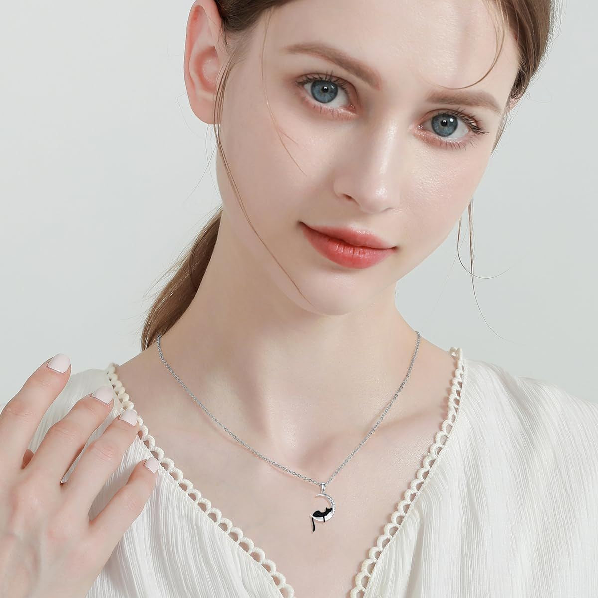 Black Cat Crescent Moon Necklace