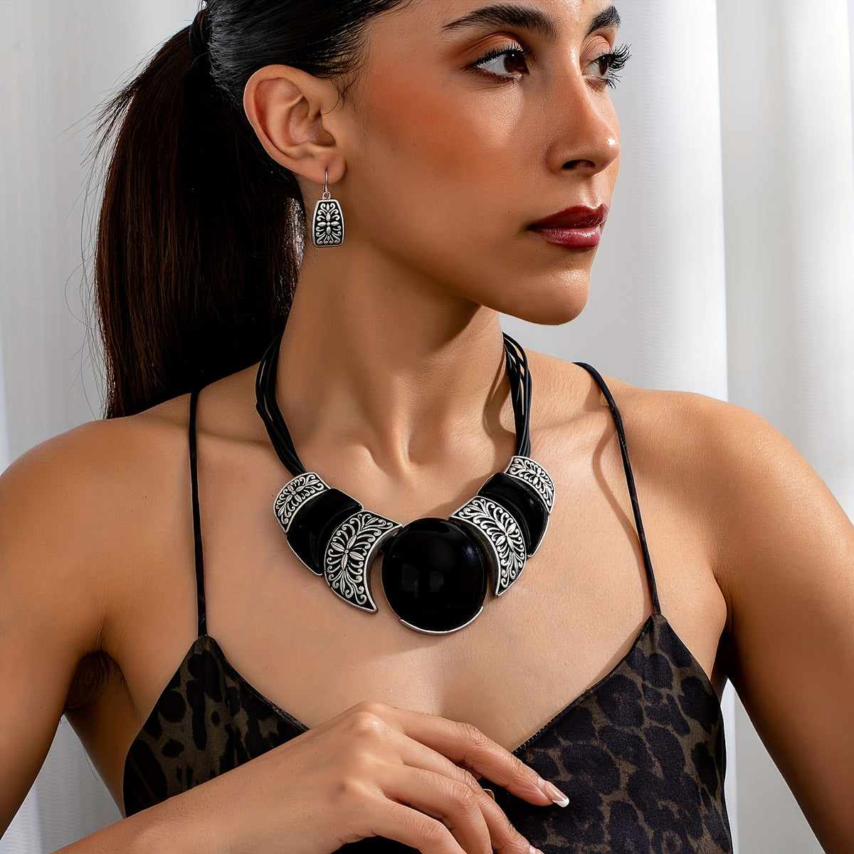 Black Floral Collar Necklace & Earring Set