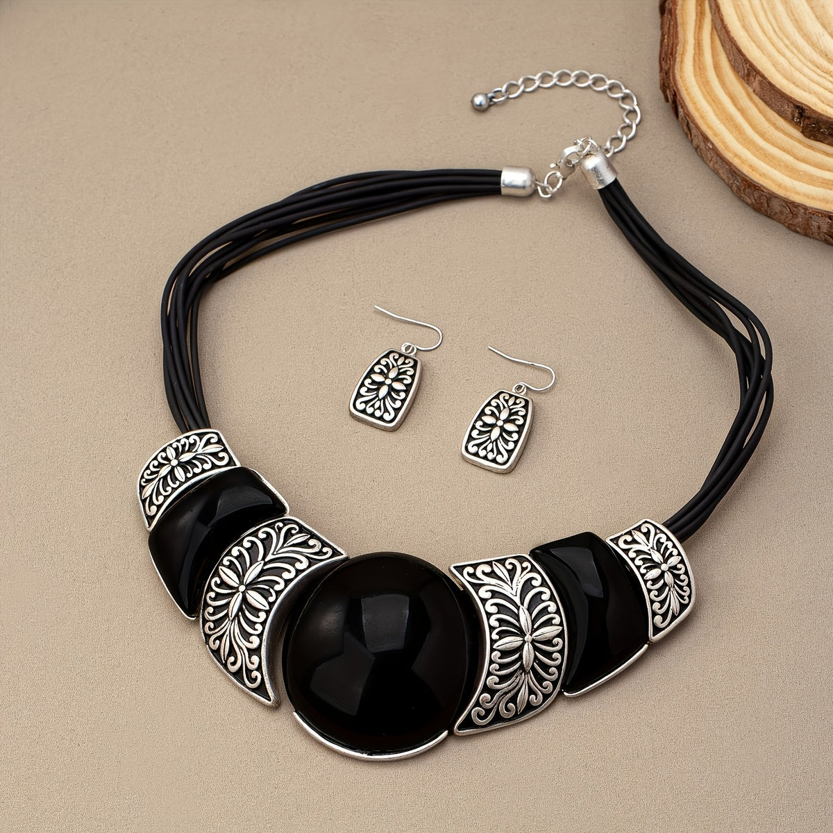 Black Floral Collar Necklace & Earring Set