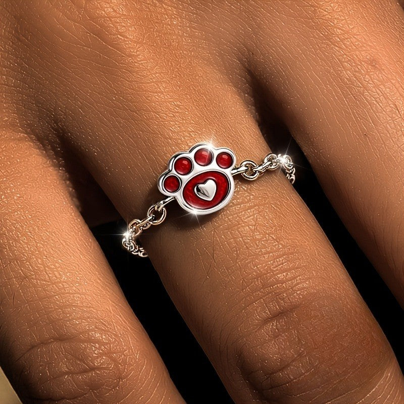 Red Paw Print Chain Ring