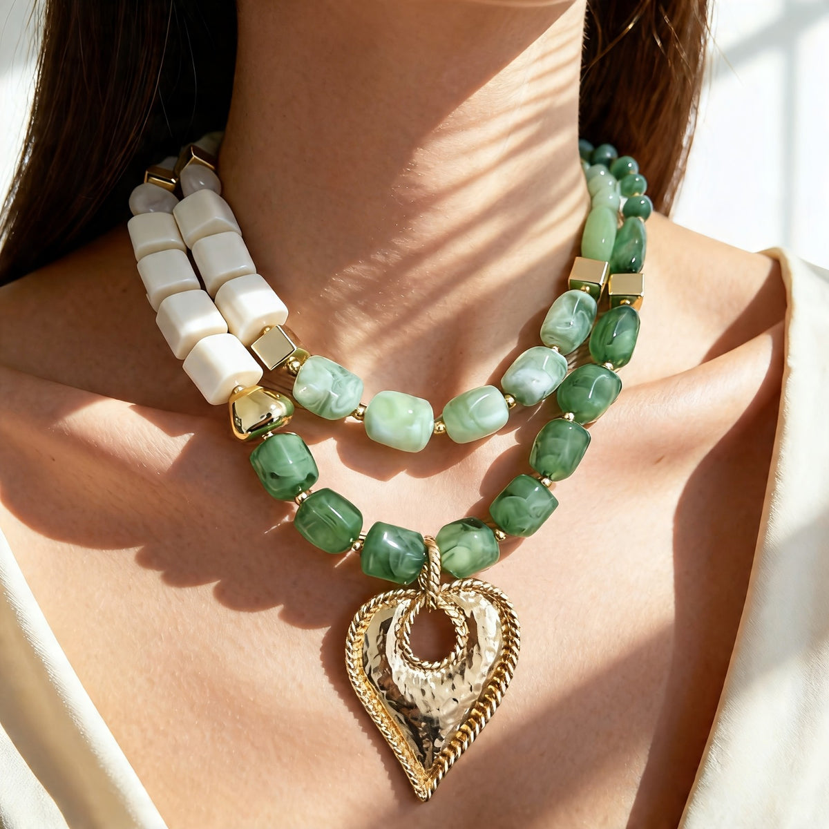 Green Resin Bead Heart Necklace