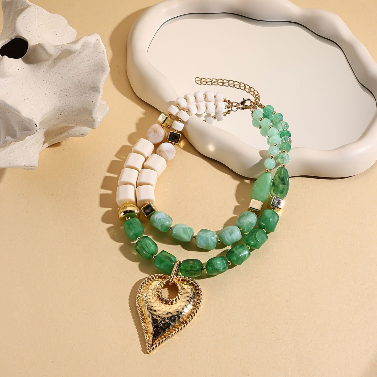 Green Resin Bead Heart Necklace