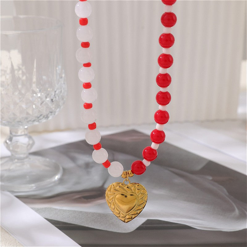 Red & White Bead Heart Necklace