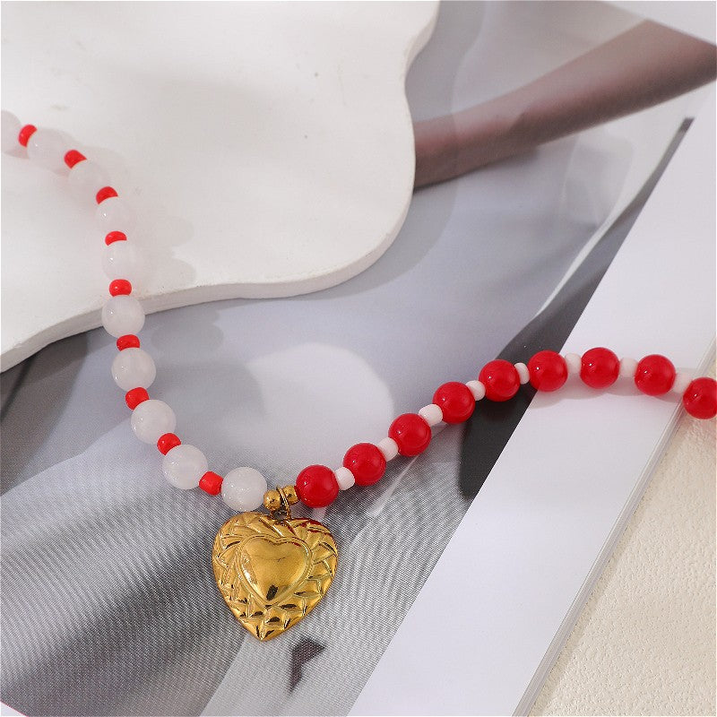 Red & White Bead Heart Necklace