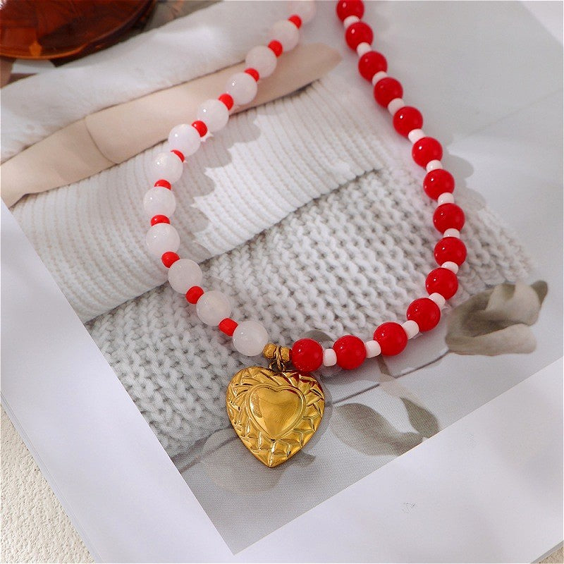 Red & White Bead Heart Necklace
