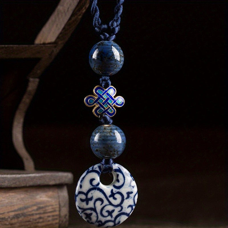 Blue Floral Ceramic Pendant Necklace