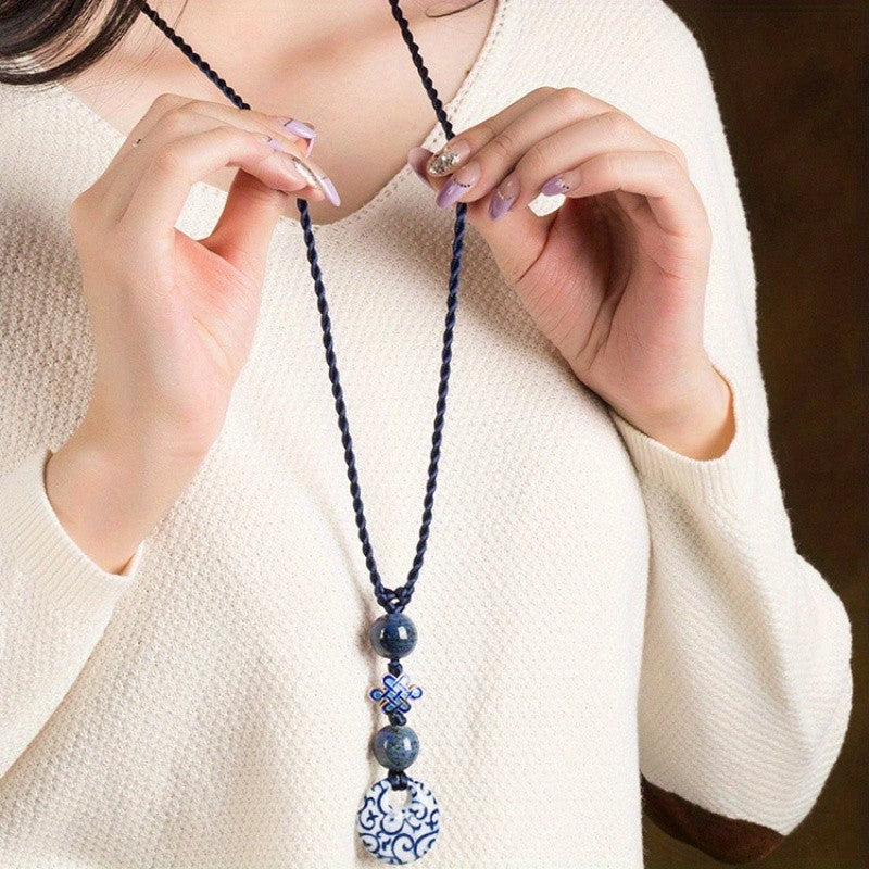 Blue Floral Ceramic Pendant Necklace