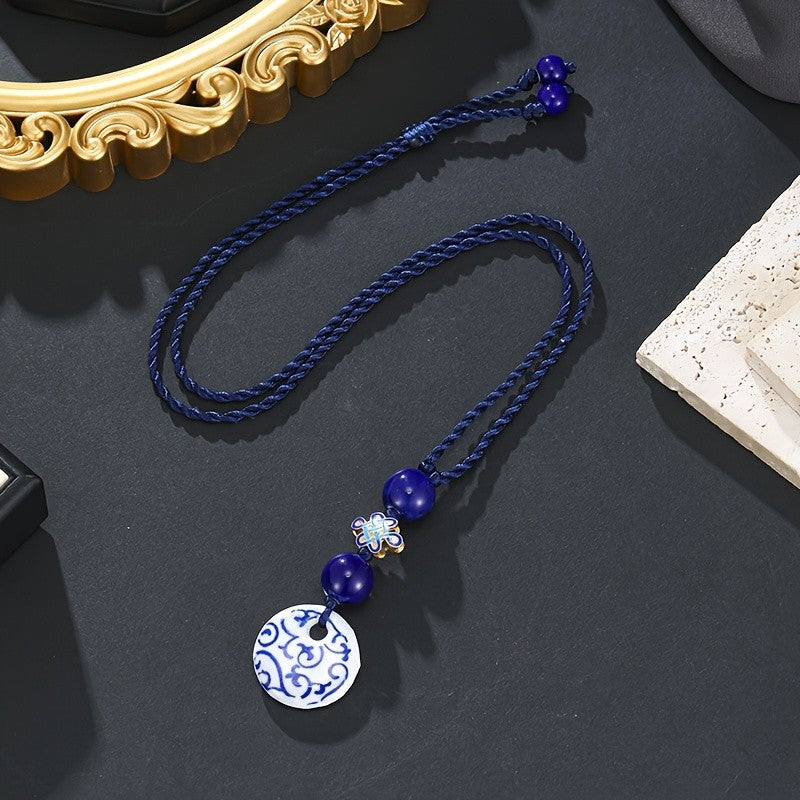 Blue Floral Ceramic Pendant Necklace