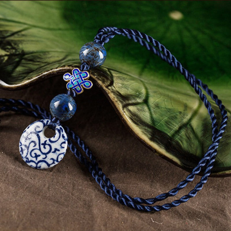 Blue Floral Ceramic Pendant Necklace