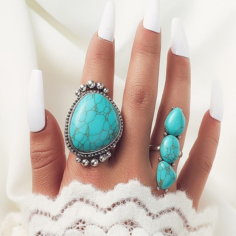 Turquoise Oval & Triple Teardrop Ring Set