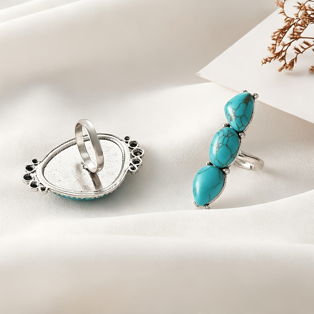 Turquoise Oval & Triple Teardrop Ring Set