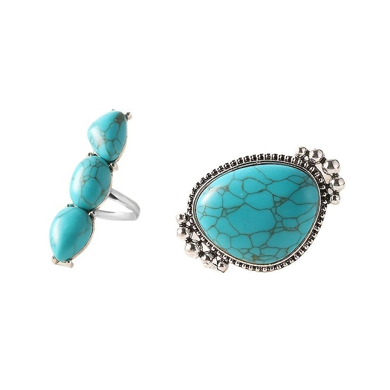 Turquoise Oval & Triple Teardrop Ring Set