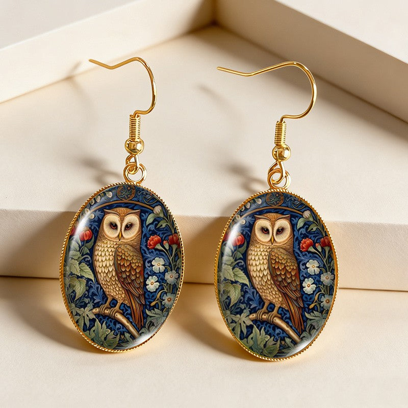 Art Nouveau Owl Oval Earrings