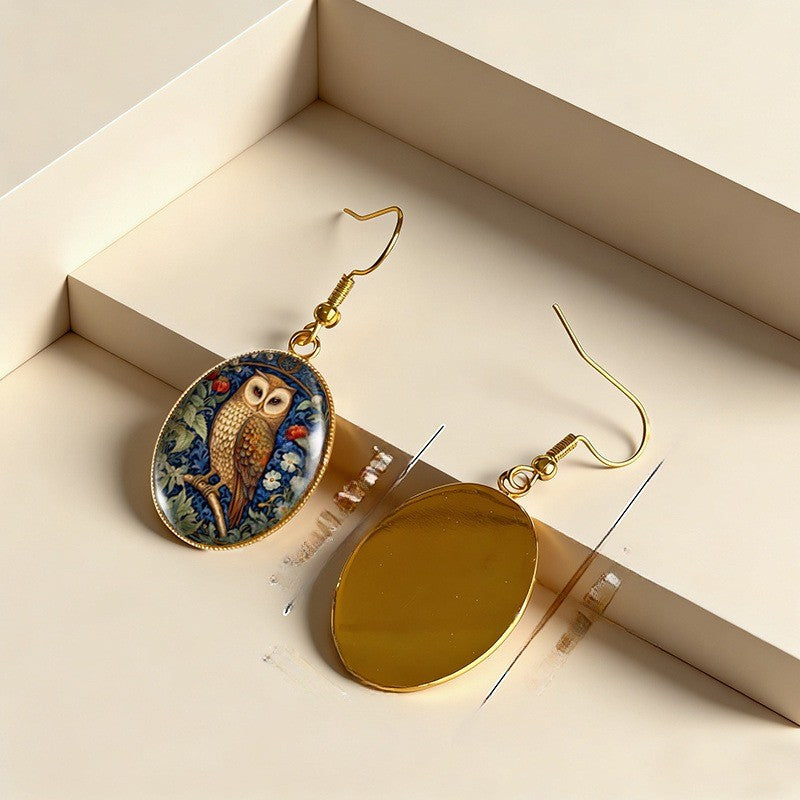 Art Nouveau Owl Oval Earrings