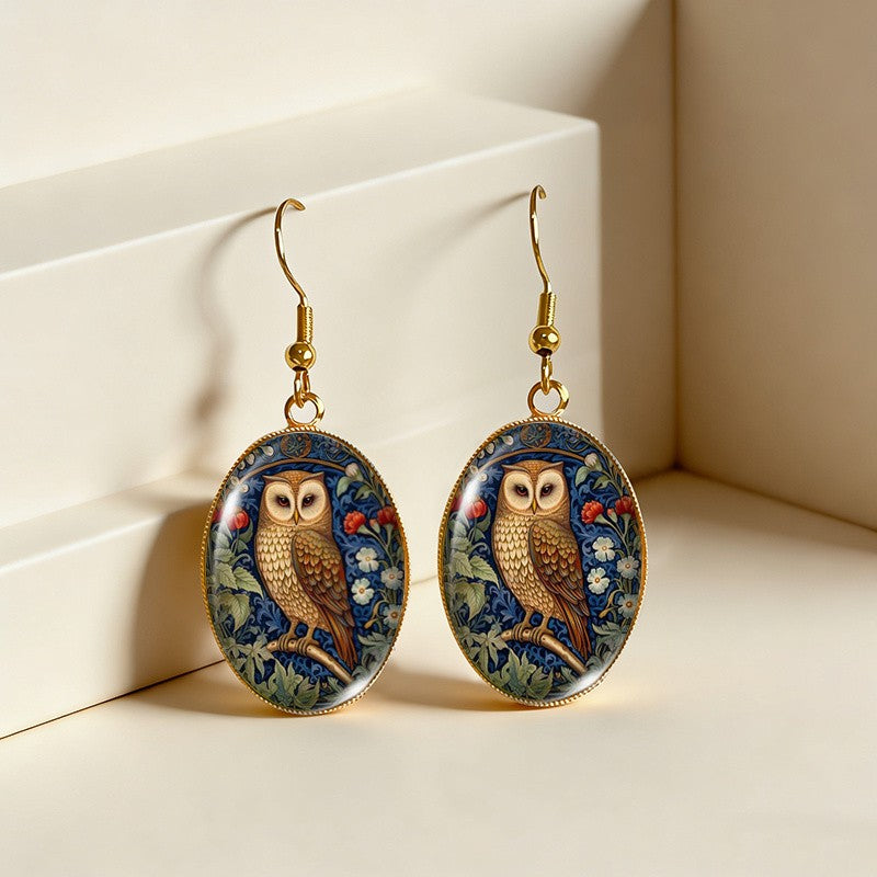 Art Nouveau Owl Oval Earrings