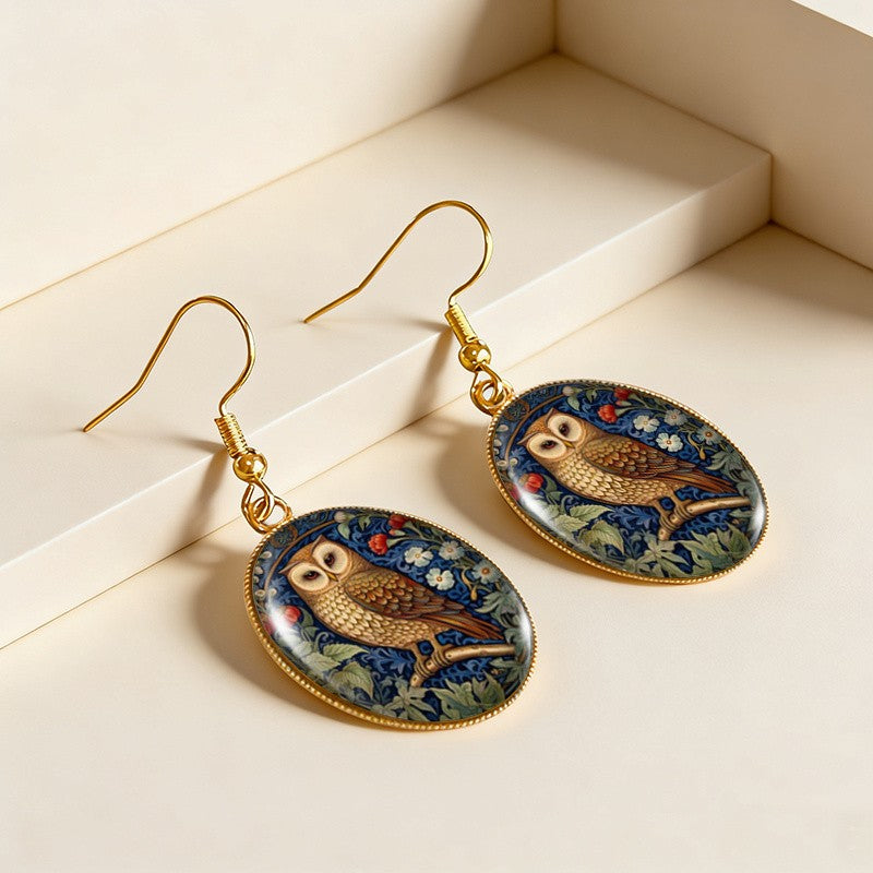 Art Nouveau Owl Oval Earrings