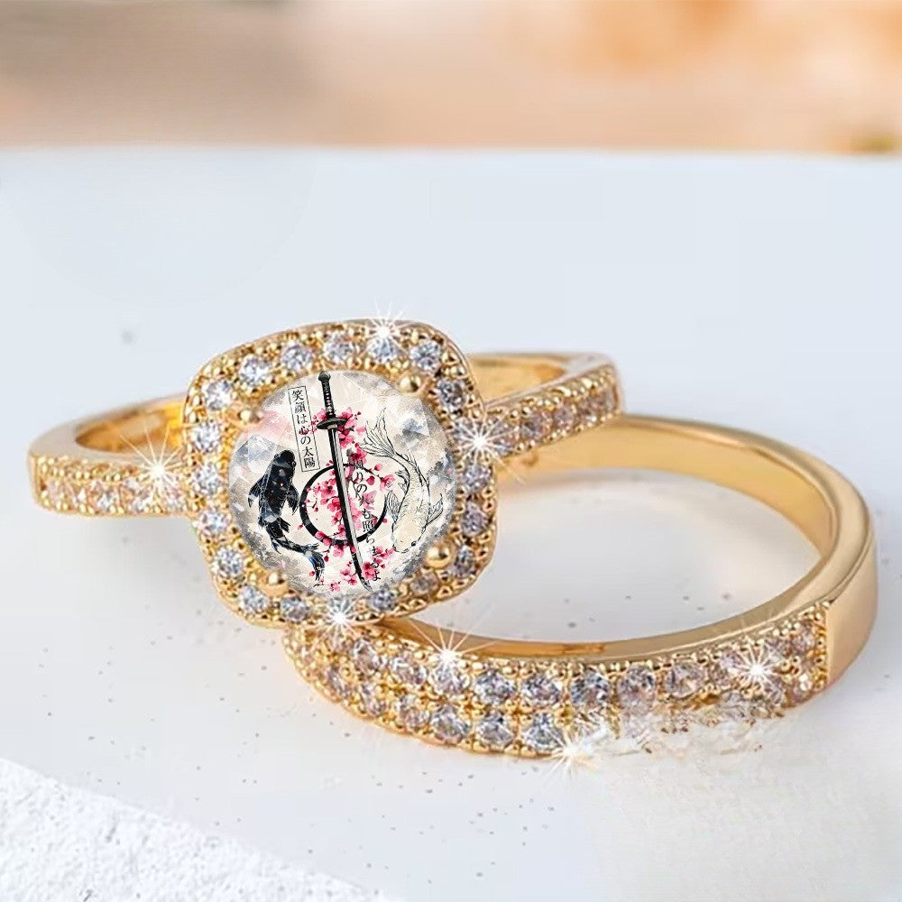 Samurai Sword & Cherry Blossom Square Ring Set