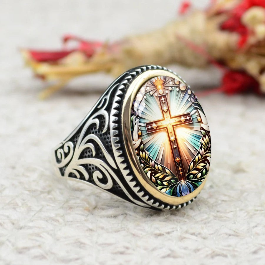 Stained Glass Cross Oval Ring