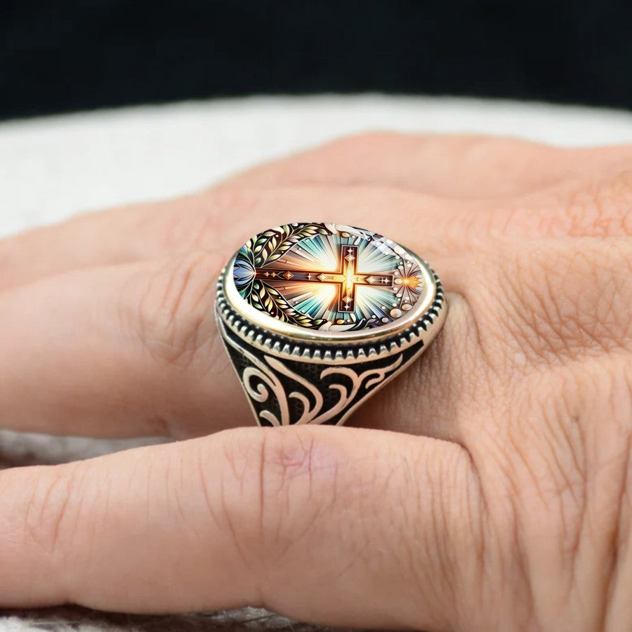 Stained Glass Cross Oval Ring