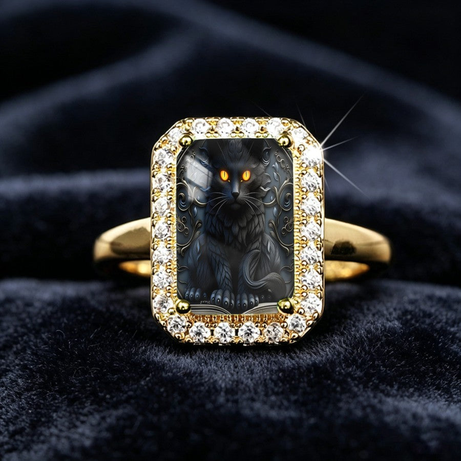 Mystical Black Cat Rectangular Ring
