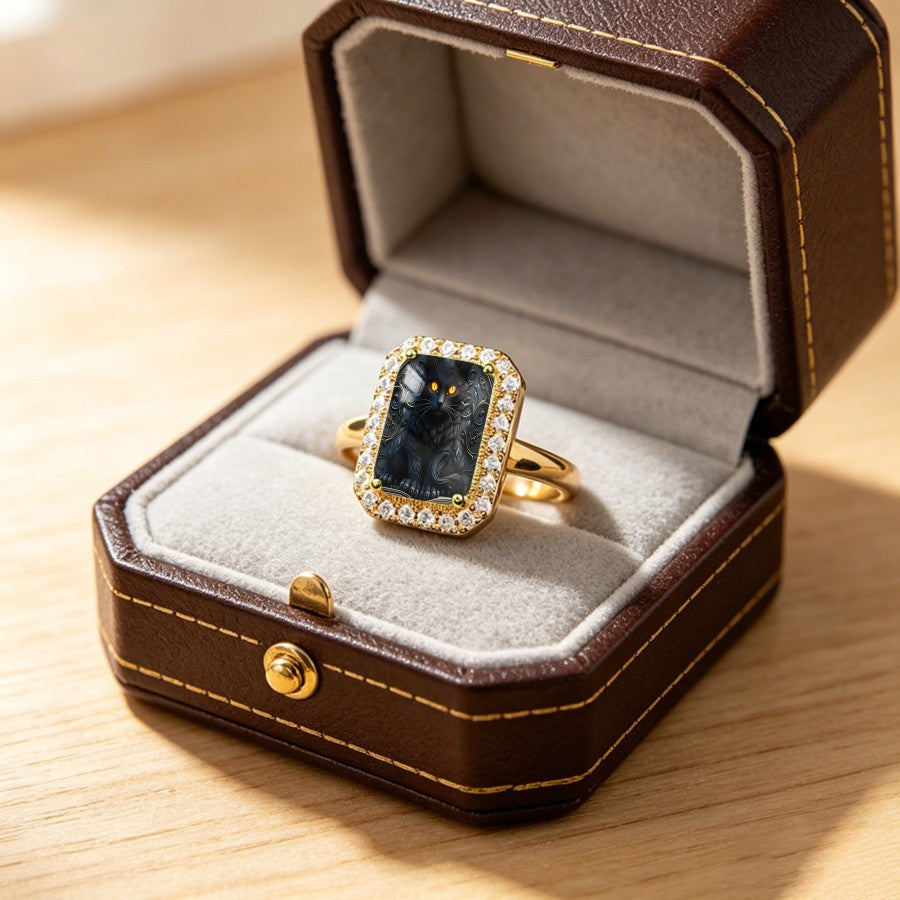 Mystical Black Cat Rectangular Ring