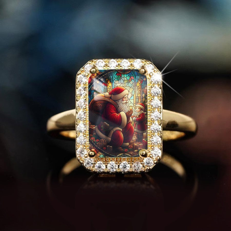 Santa Stained Glass Rectangular Ring