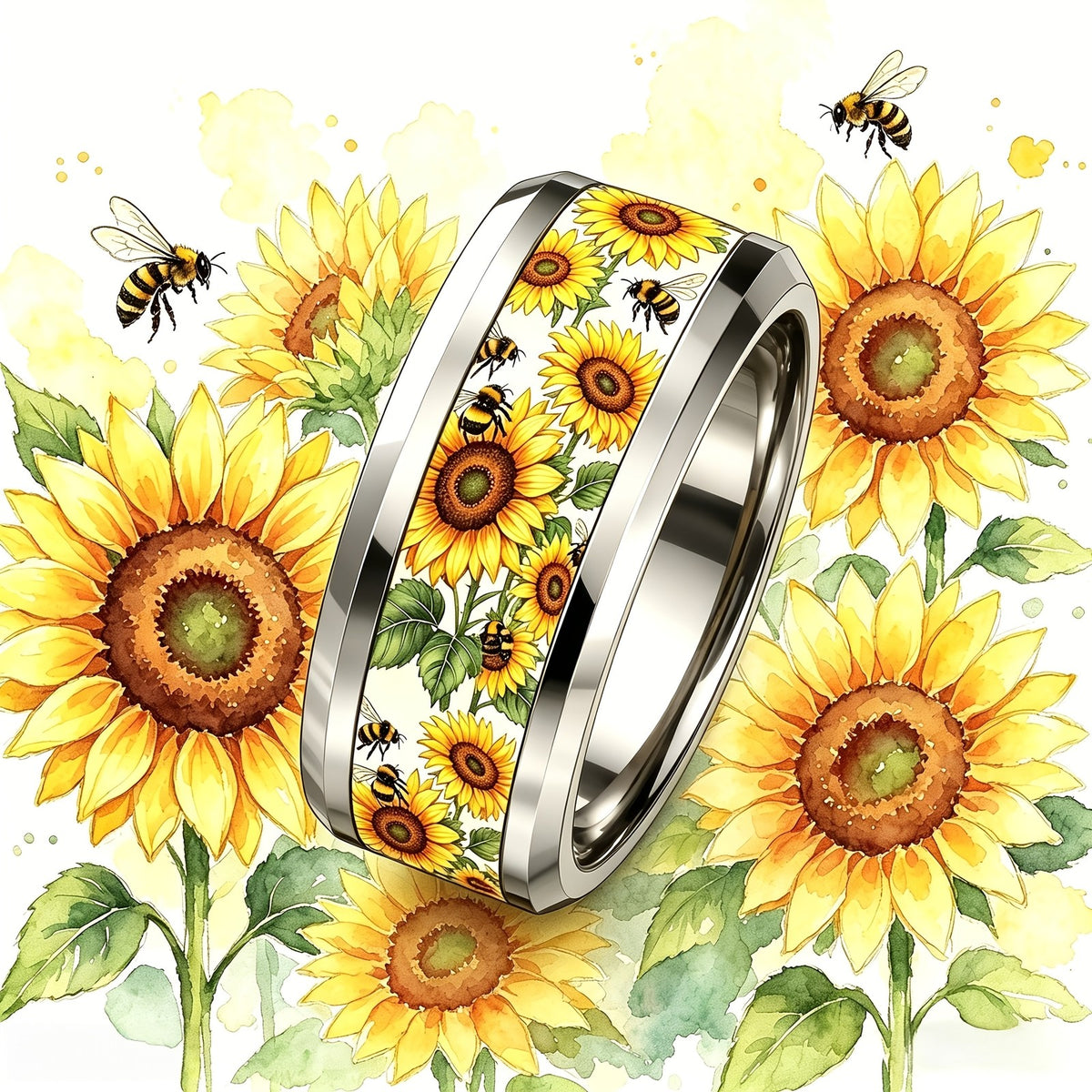 Watercolor Sunflower & Bee Band Ring