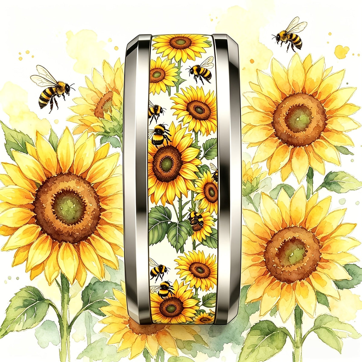 Watercolor Sunflower & Bee Band Ring