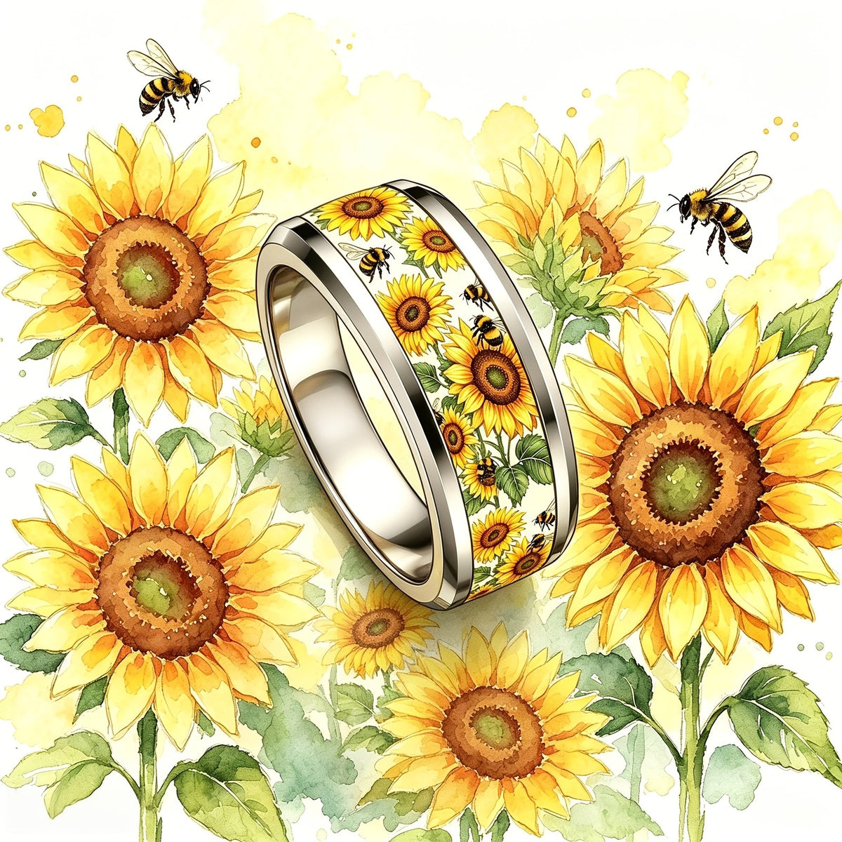 Watercolor Sunflower & Bee Band Ring