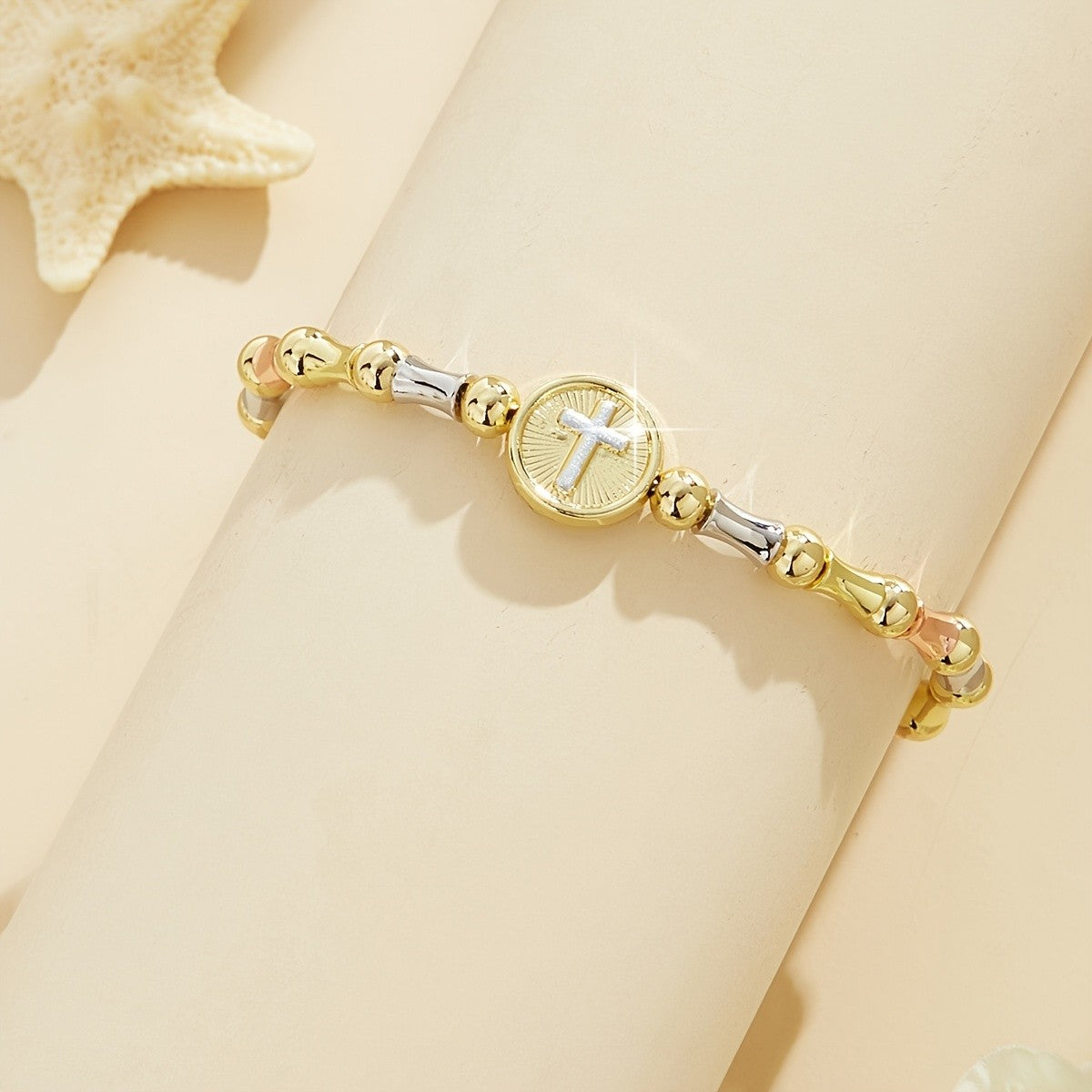 Tri-Color Cross Charm Bracelet