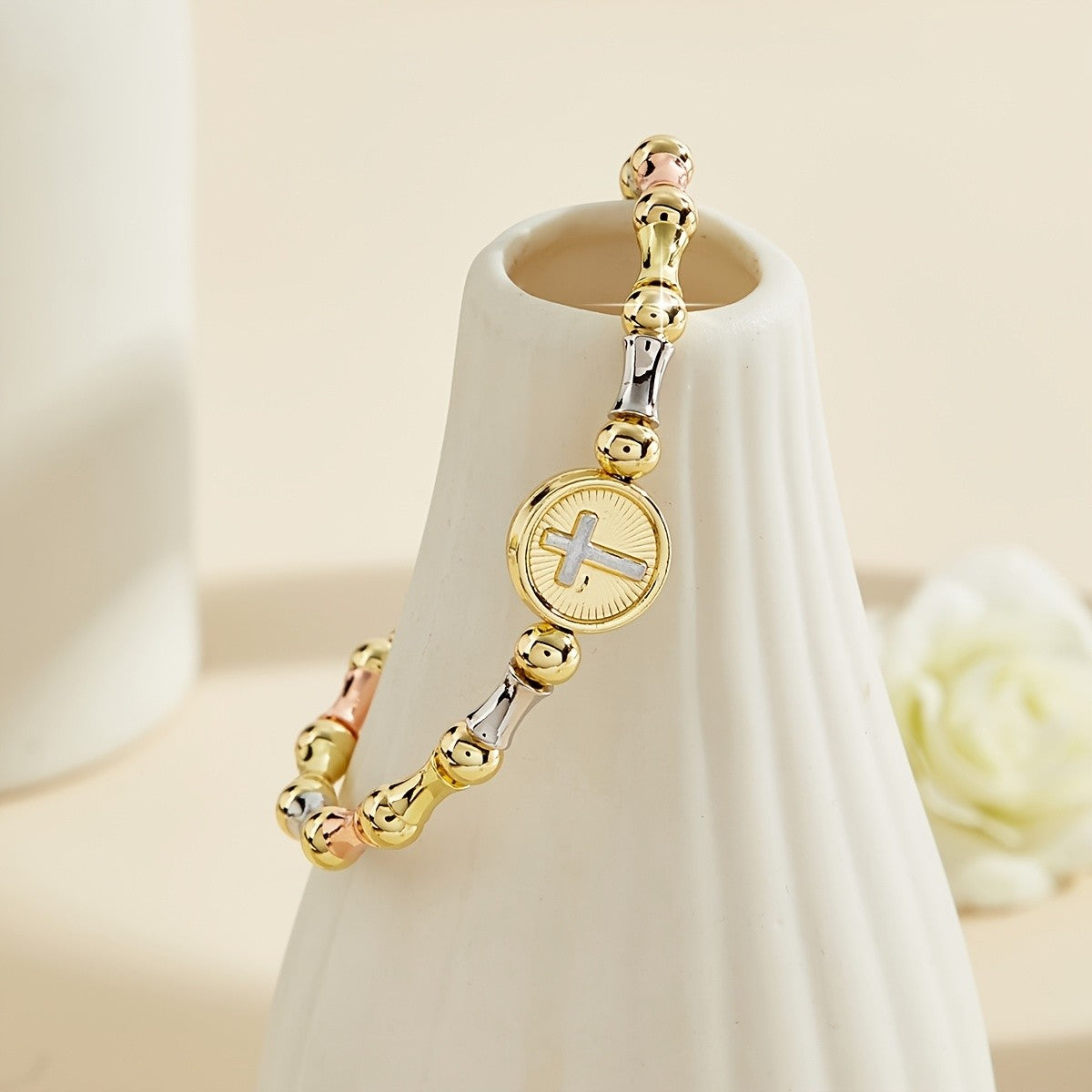 Tri-Color Cross Charm Bracelet