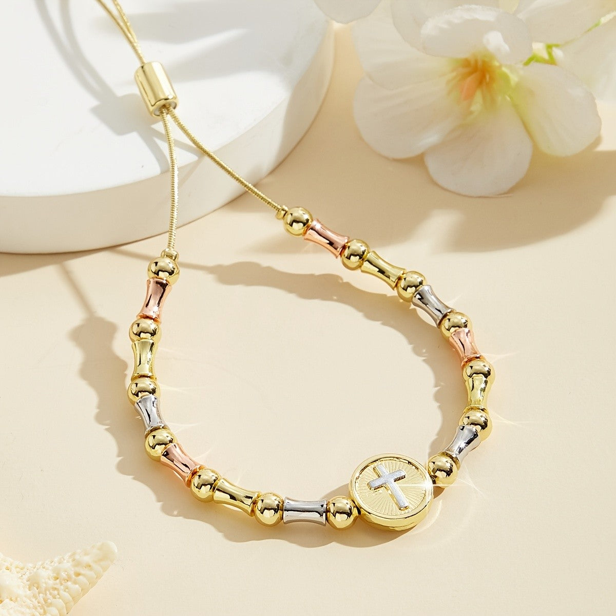 Tri-Color Cross Charm Bracelet