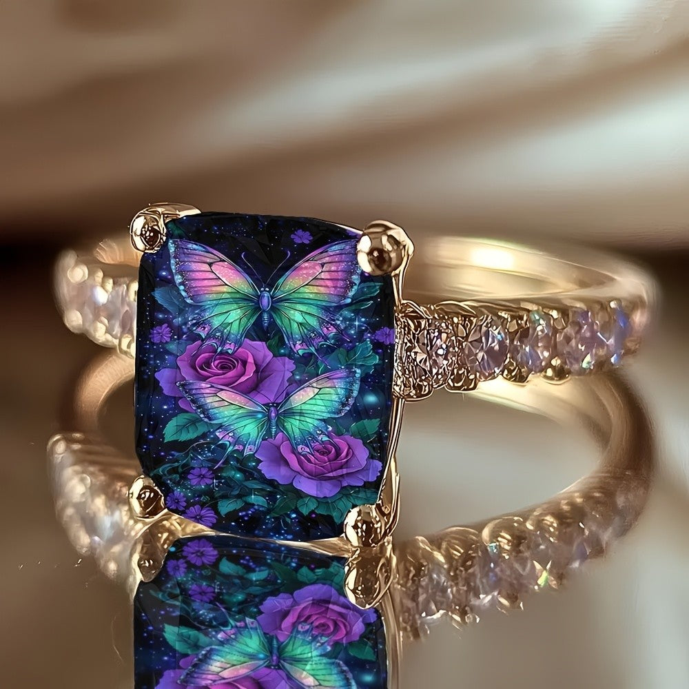 Starry Sky Butterfly & Rose Square Ring