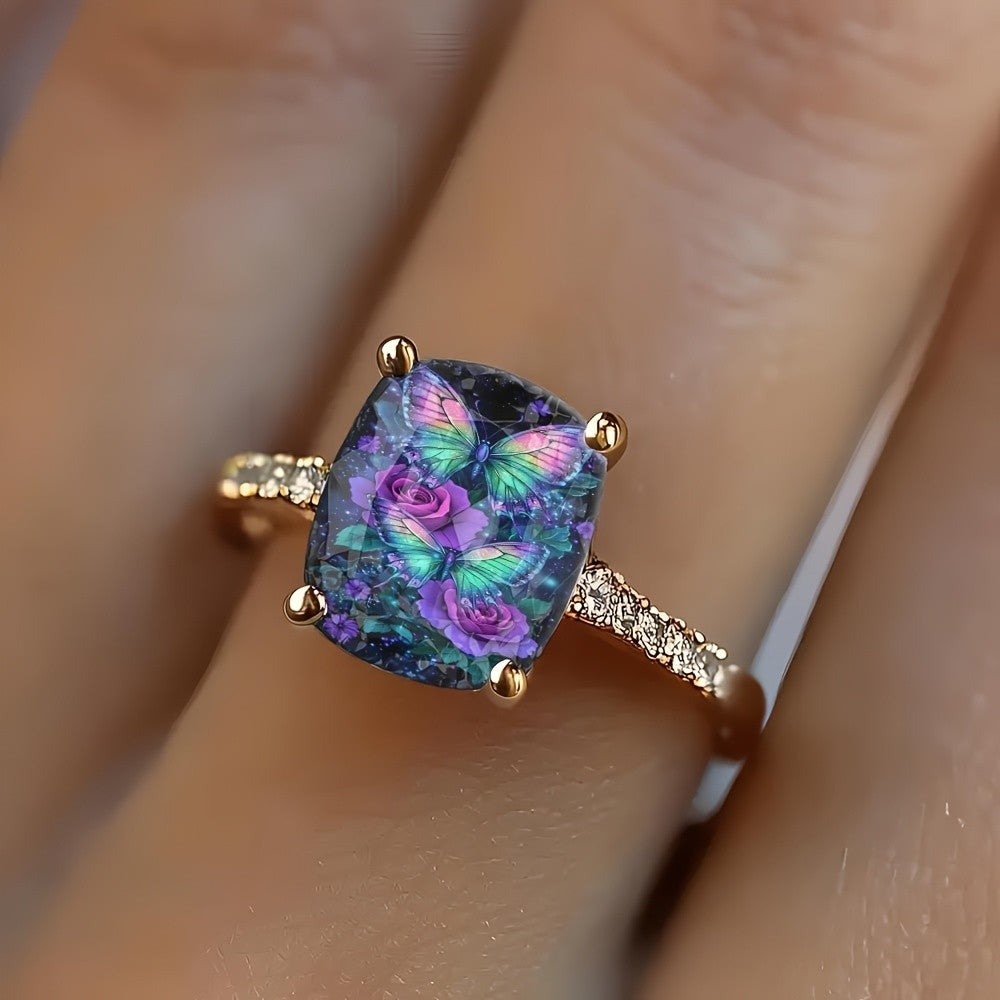 Starry Sky Butterfly & Rose Square Ring