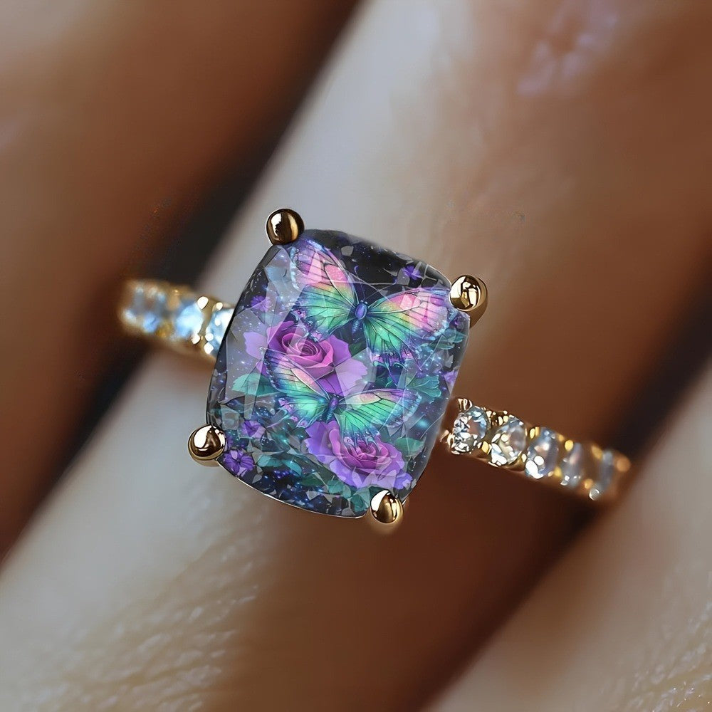 Starry Sky Butterfly & Rose Square Ring