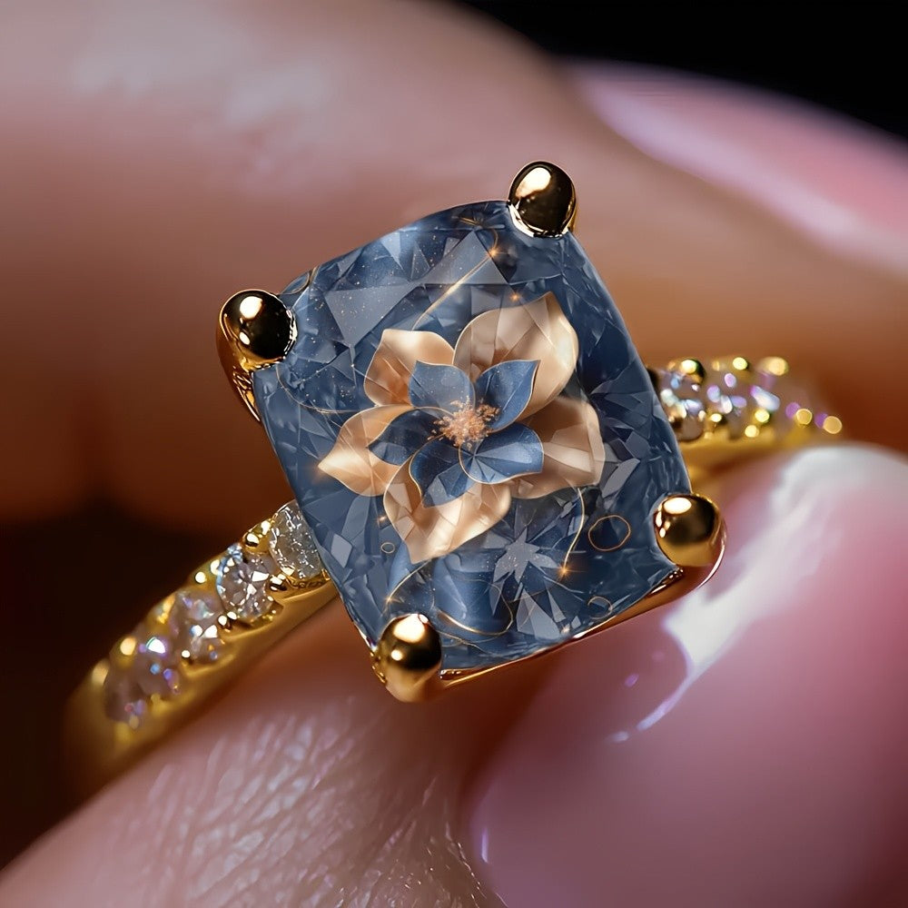 Blue Starry Floral Square Ring