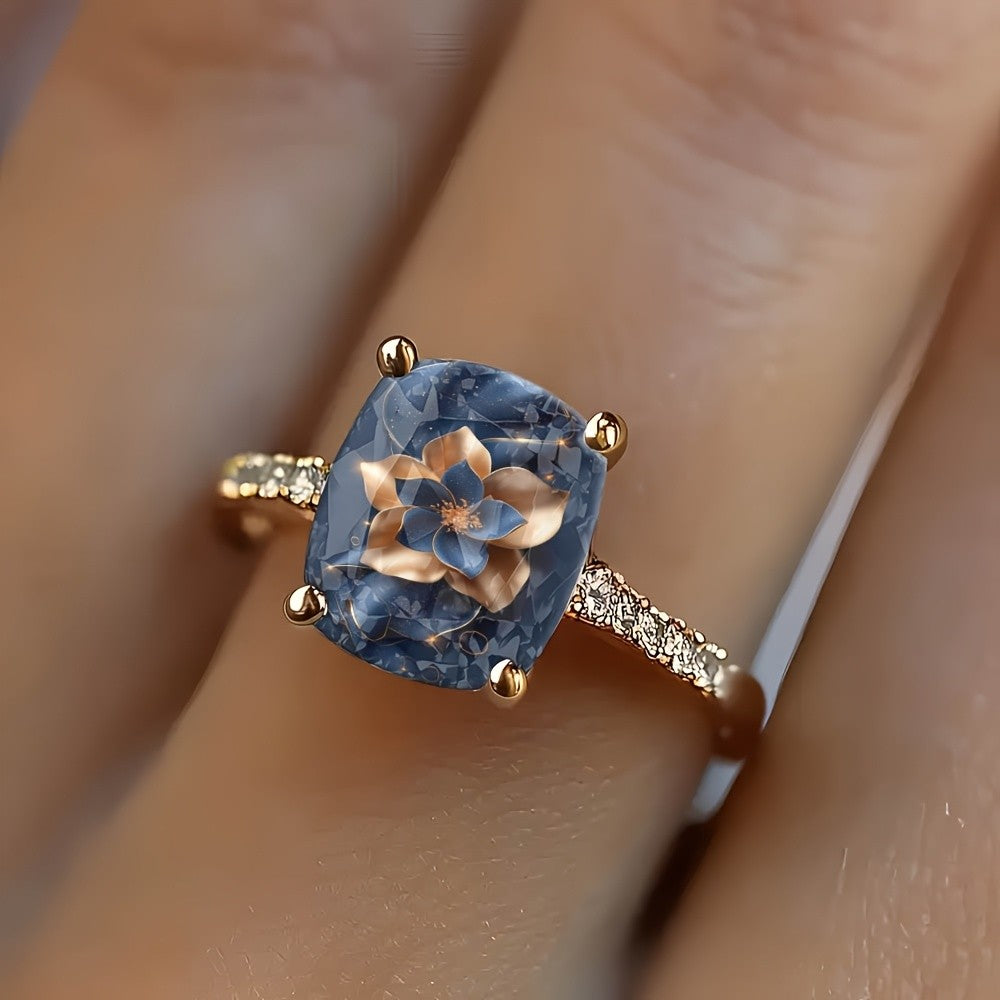 Blue Starry Floral Square Ring