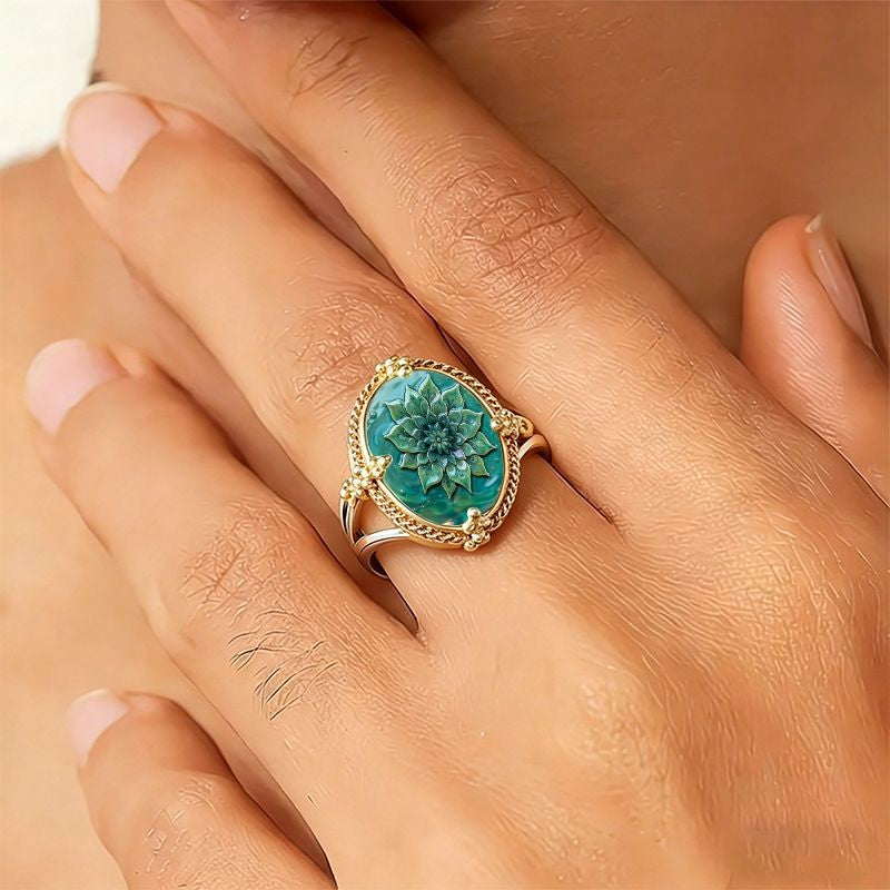 Teal Floral Oval Ring