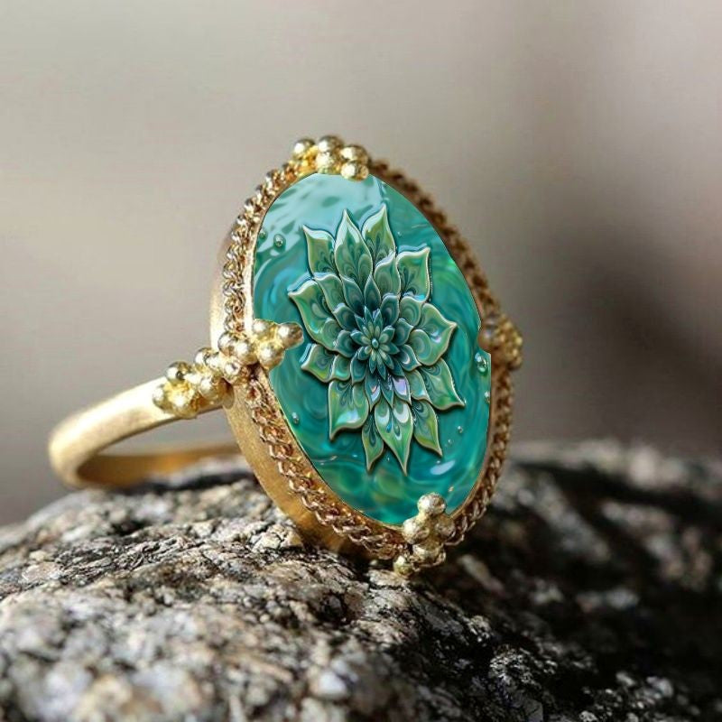 Teal Floral Oval Ring