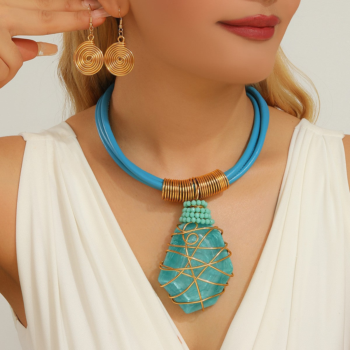 Orange Wire-Wrapped Pendant Necklace Set