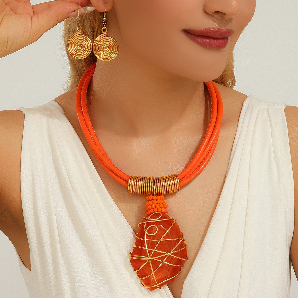 Orange Wire-Wrapped Pendant Necklace Set