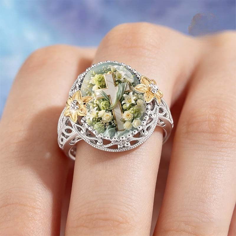 White Lily Floral Cross Ring