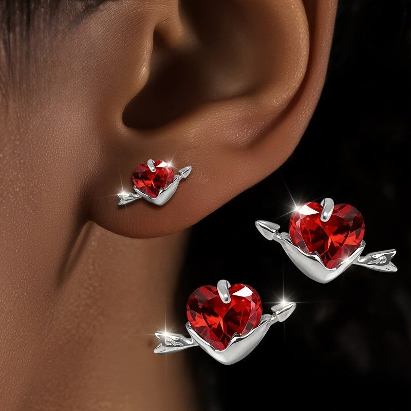 Red Crystal Heart Arrow Earrings