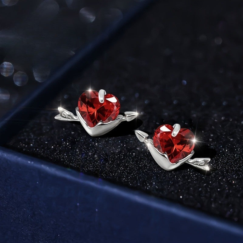Red Crystal Heart Arrow Earrings
