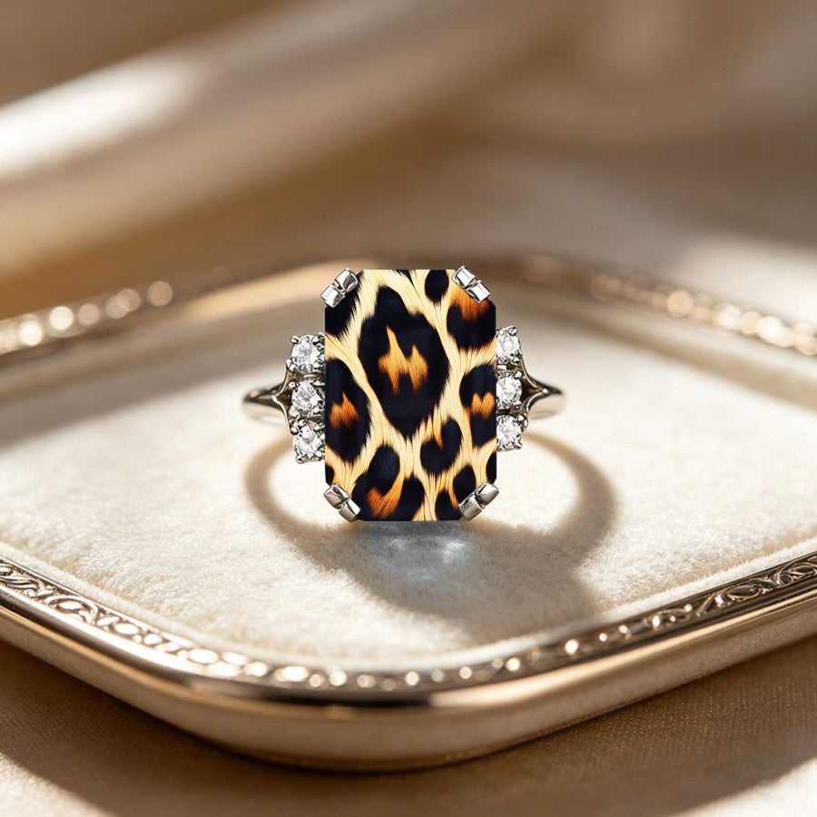 Leopard Print Rectangular Crystal Ring