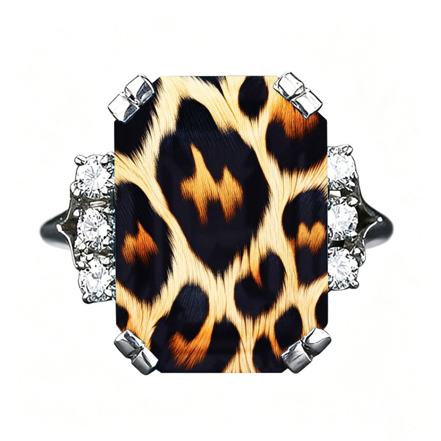 Leopard Print Rectangular Crystal Ring