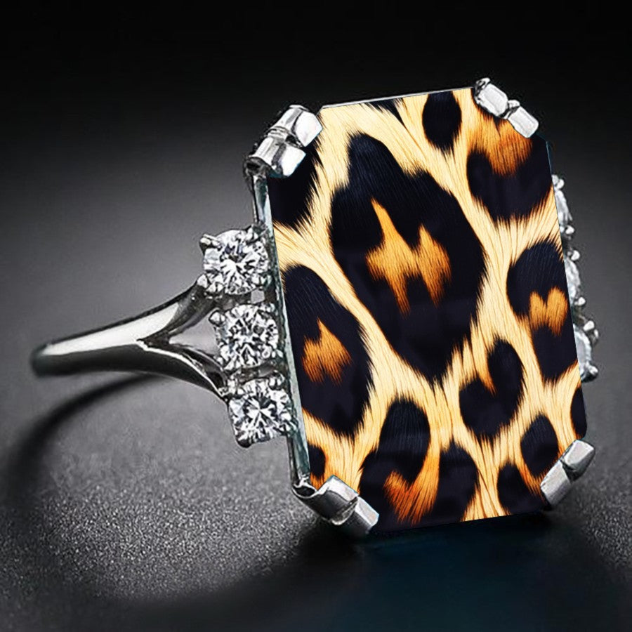 Leopard Print Rectangular Crystal Ring