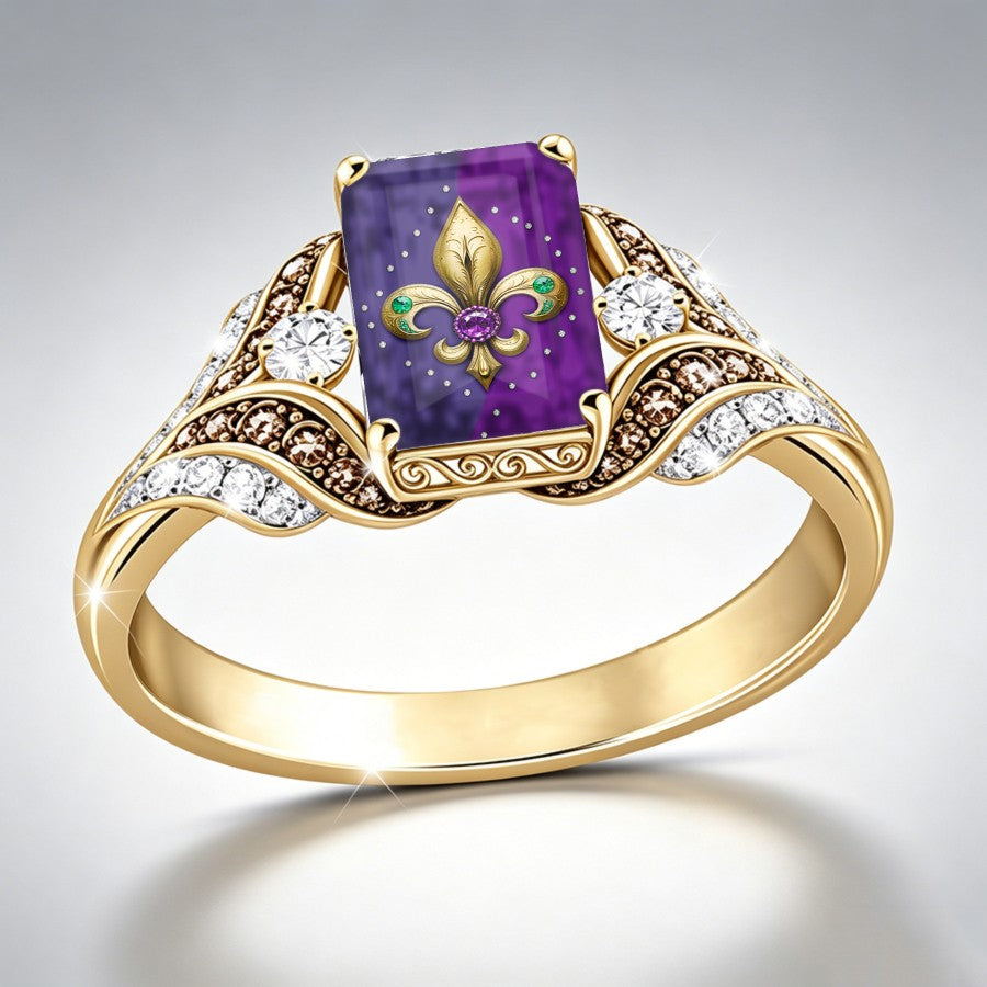 Cross Purple Fleur De Lis Square Ring