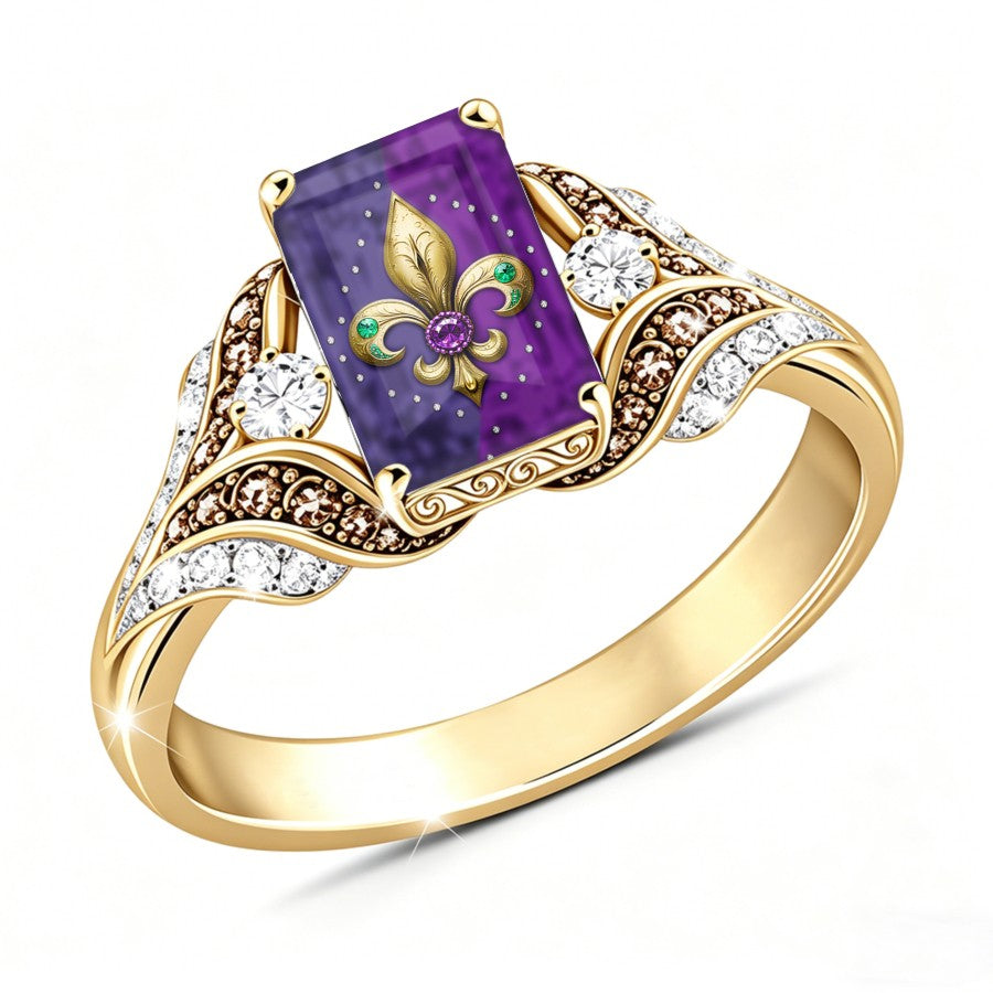 Cross Purple Fleur De Lis Square Ring